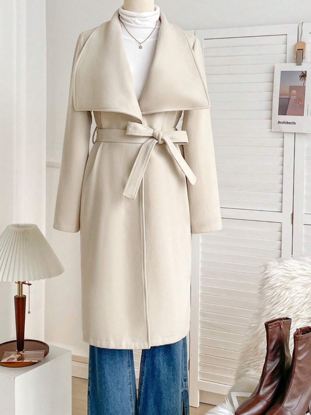 Classic Solid Cream Wide Collar belted Jacket Coat - Picture 2 of 6